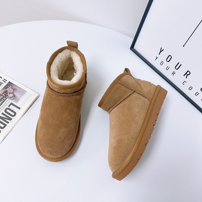 Bottes de neige en cuir de vache en hiver en plus de velours Bottes courtes en cuir authentique étanches à l'eau et antidérapantes chaussures de coton chaudes pour enfants