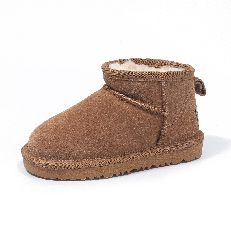 Bottes de neige en cuir de vache en hiver en plus de velours Bottes courtes en cuir authentique étanches à l'eau et antidérapantes chaussures de coton chaudes pour enfants